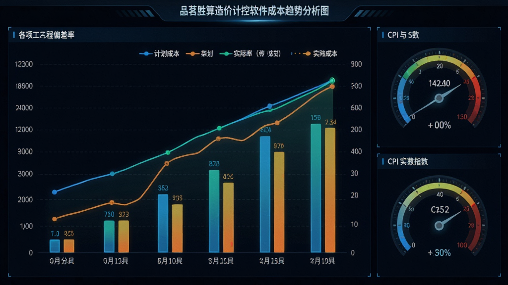 品茗胜算造价计控软件成本趋势分析图,折线图展示计划成本与实际成本对比,柱状图呈现各分项工程偏差率,右侧仪表盘显示CPI与SPI指数,整体采用深色背景搭配亮色数据线条,大屏驾驶舱风格,视觉冲击力强,细节清晰,画质干净。