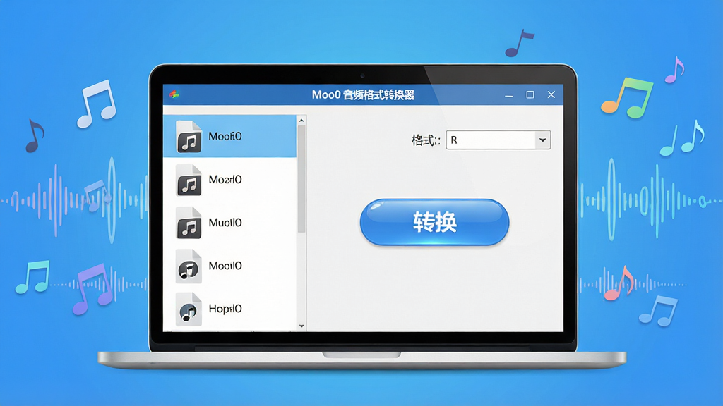 主体:一台笔记本电脑屏幕显示Moo0音频格式转换器主界面,界面简洁,左侧列表有多个音频文件,右侧有格式选择下拉菜单,中央有醒目的“转换”按钮。布局:电脑居中,周围漂浮着音符和音频波形图案,背景为干净的渐变蓝色。排版:界面元素整齐,按钮清晰,标题栏显示“Moo0 音频格式转换器”。风格:扁平化、现代、明亮。细节:文件图标带音乐符号,转换按钮带光泽,波形线条流畅。画质:高清,干净,无多余元素。