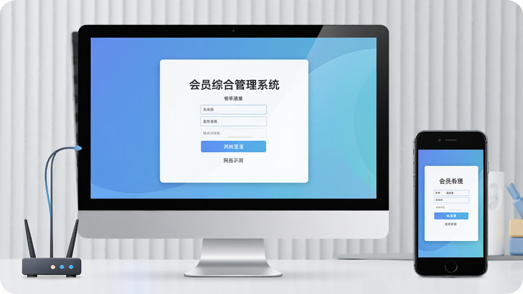 软件运行环境示意图:一台台式电脑与一台手机并排,屏幕上显示“会员综合管理系统”的登录界面,电脑旁有路由器图标代表网络连接,整体风格现代简约,背景为浅灰色墙面,画质干净,色彩柔和
