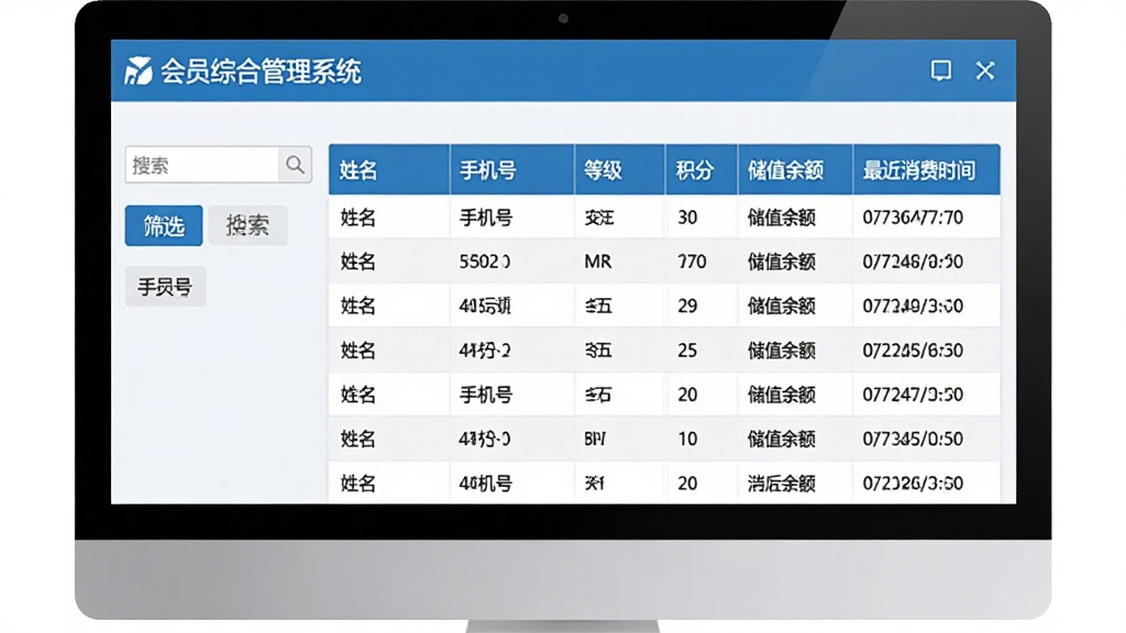 会员档案界面截图:电脑屏幕显示“会员综合管理系统”的会员列表,表格包含姓名、手机号、等级、积分、储值余额、最近消费时间,左侧有搜索框和筛选标签,界面配色以蓝白为主,扁平化设计,字体清晰,布局规整,画质干净