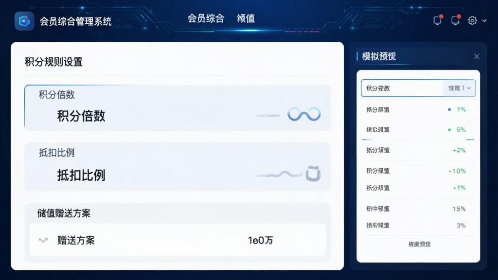 积分储值功能预览:屏幕展示“会员综合管理系统”的积分规则设置页面,包含积分倍数、抵扣比例、储值赠送方案,界面右侧为模拟数据预览,背景为深蓝色科技感风格,界面UI现代,数字清晰,画质高,干净无多余元素