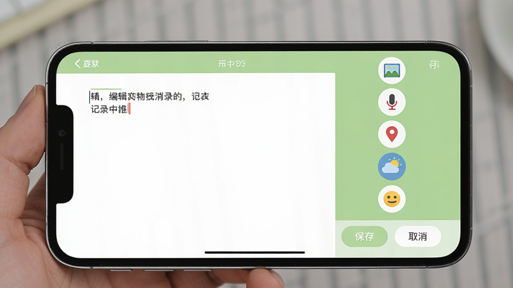 手机横屏展示记录生活软件的编辑页面,左侧是文字输入区域,右侧竖排着五个圆形图标按钮,分别为相册、麦克风、定位、天气和表情,下方有“保存”和“取消”按钮,界面以白色和浅绿色为主,扁平化设计风格,画质清晰,无多余元素