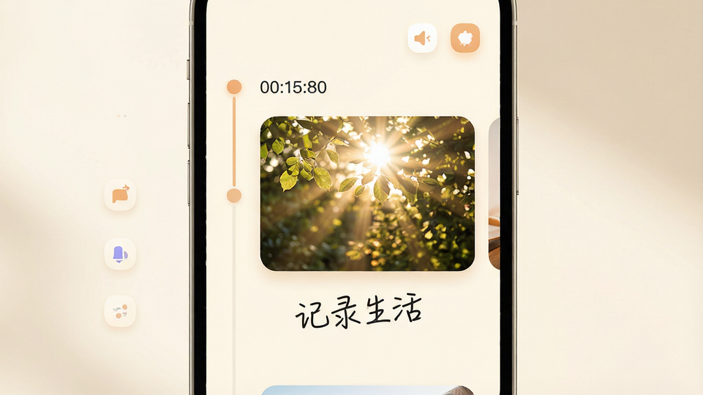 现代简约风格的手机应用界面展示,主屏幕中央显示时间轴布局,包含一张阳光透过树叶的照片和一段手写风格的文字“记录生活”,背景是柔和的米白色,界面干净清爽,图标圆润,整体色调温暖明亮,高清渲染,无多余元素
