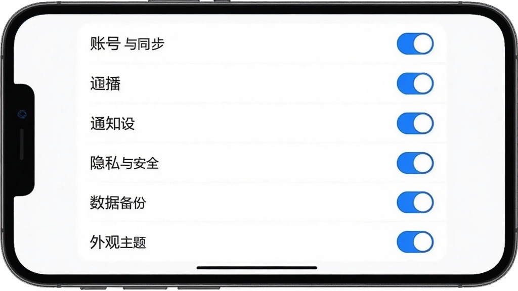 手机横屏显示记录生活软件的设置页面,列表中有账号与同步、通知设置、隐私与安全、数据备份、外观主题等选项,界面简洁,白色背景,蓝色高亮开关,扁平化设计,高清画质,无多余元素