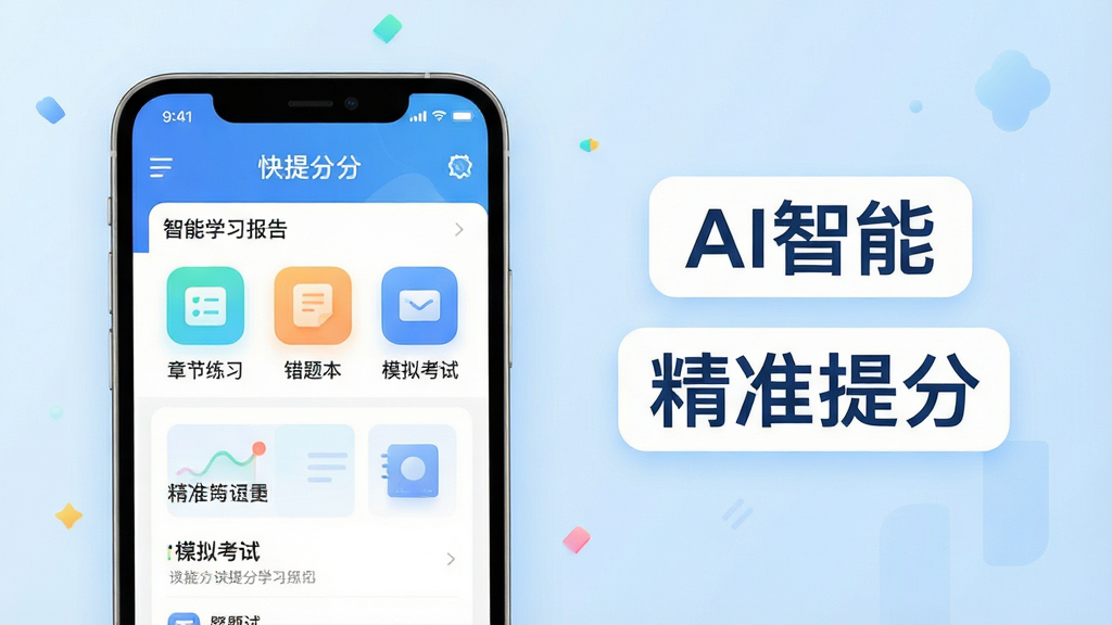 主体:快提分应用界面,显示智能学习报告与课程列表;布局:左侧手机屏幕展示核心功能图标,右侧环绕“AI智能”、“精准提分”等文字标签;排版:居中构图,背景为淡蓝色渐变,配上简洁的白色卡片;风格:现代科技感、扁平化插画、色彩明亮清新;细节:手机屏幕中可见“章节练习”、“错题本”、“模拟考试”按钮,画面干净,无多余元素;画质:高清、通透、无文字模糊;