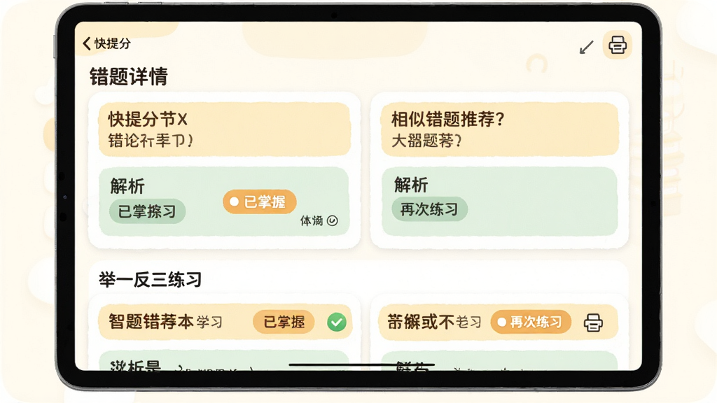 主体:快提分APP的智能错题本界面,左侧是原题,右侧是相似题推荐;布局:平板电脑横屏展示,上方为“错题详情”,下方为“举一反三练习”;排版:卡片式设计,题目区域用浅黄色高亮,解析区域用浅绿色标注;风格:清爽学习风,图标圆润可爱,色彩偏暖;细节:显示“已掌握”和“再次练习”按钮,配有打印图标;画质:干净,文字清晰可读;
