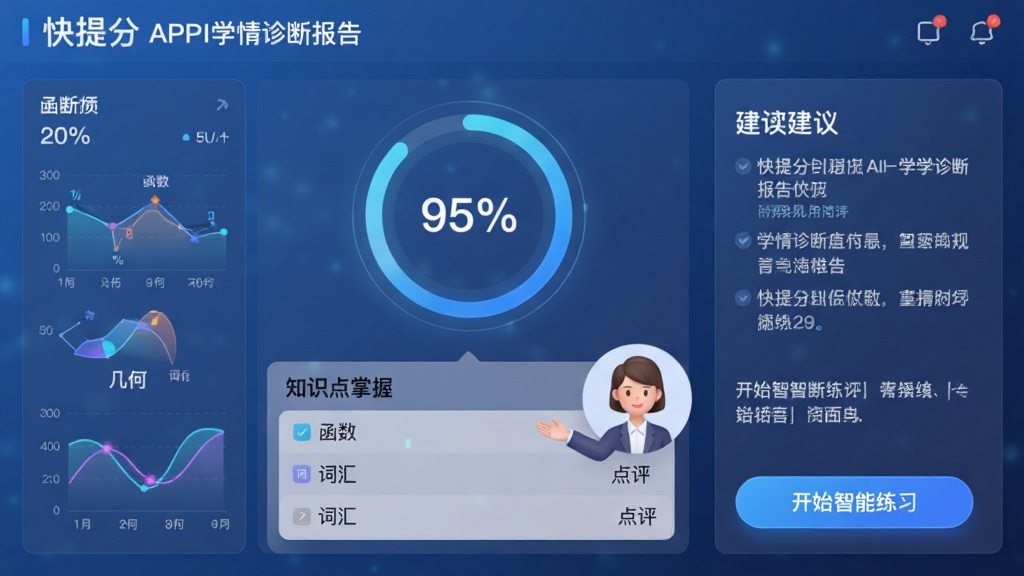 主体:快提分APP的AI学情诊断报告界面;布局:中央为环形百分比图,下方列出知识点掌握列表,旁边有虚拟教师头像给出点评;排版:左右分栏,左边数据图表,右边文字建议,背景为微泛蓝光;风格:科技感UI设计,柔和光影,专业但不压抑;细节:图表线条清晰,文字标注“函数”、“几何”、“词汇”等,右下角有“开始智能练习”按钮;画质:高清,干净,无多余元素;