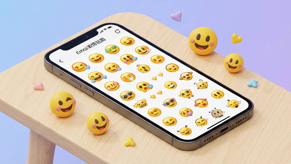 画面主体为一部智能手机屏幕特写,屏幕中央清晰展示“Emoji表情贴图”应用界面,界面上铺满色彩鲜艳、形态各异的黄色Emoji表情与卡通贴纸素材库。手机斜放在简约浅色木纹桌面上,旁边散落着几颗立体的黄色笑脸表情实体小玩具。背景是干净柔和的渐变蓝紫色工作室环境,光线明亮均匀。构图采用45度俯视角度,突出手机屏幕内容与周围装饰物的层次感。整体风格为现代扁平结合轻微3D质感,细节丰富,画质高清干净,无多余杂乱元素。屏幕内应用标题栏清晰显示中文“Emoji表情贴图”字样。