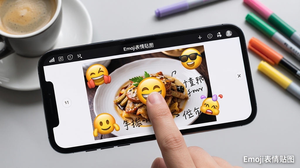 主体为一张智能手机横屏操作界面特写,屏幕上显示“Emoji表情贴图”的图片编辑页面,画面中有一张美食照片,照片上叠加了多个立体生动的Emoji表情贴纸与手写风格文字。手机下方有一只手正在用手指拖动屏幕上的一个笑脸贴纸。背景为简约的浅灰色工作台面,放置了一杯咖啡和几支彩色马克笔。构图采用特写视角,突出手指与屏幕交互的瞬间。风格写实,细节清晰,光线柔和,画质高清干净,无多余杂乱元素,图片角落有应用水印“Emoji表情贴图”。