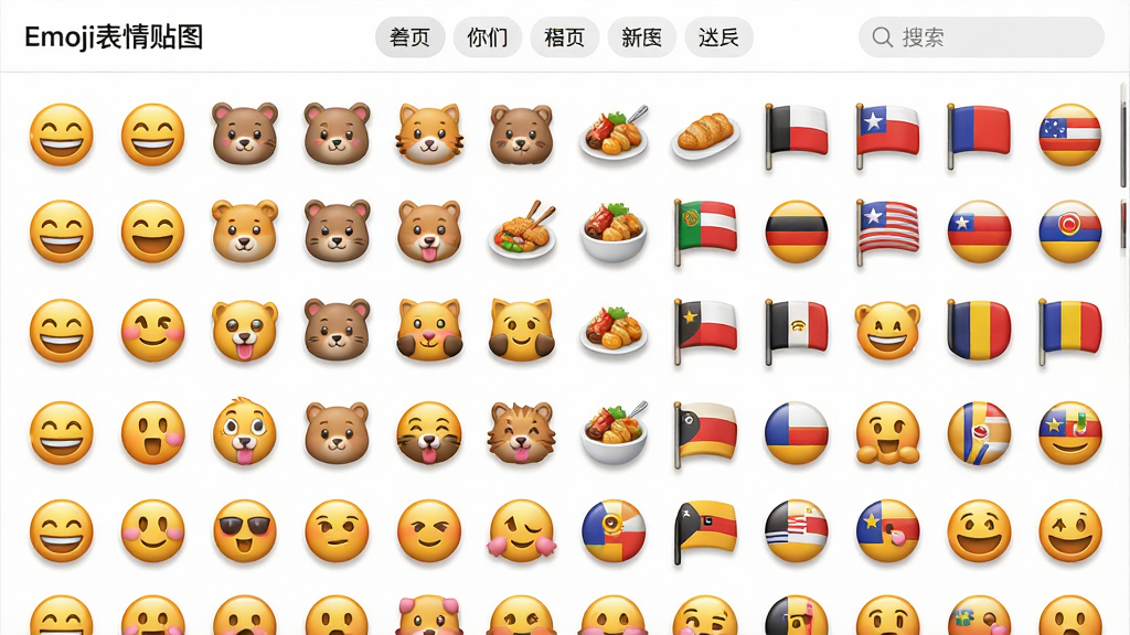 主体为一张横向展开的“Emoji表情贴图”应用素材库界面截图,界面采用网格布局,依次陈列笑脸、动物、美食、旗帜等各类表情图标。背景是纯白色,界面顶部有分类标签栏与搜索框。构图居中对称,排版整齐有序,风格清新简洁。画面中每个表情图标都呈现立体质感,色彩鲜艳饱和,大小统一。细节上突出图标的精致圆角与柔和投影,整体画质高清,干净无多余元素,界面左上角有软件名称“Emoji表情贴图”字样。