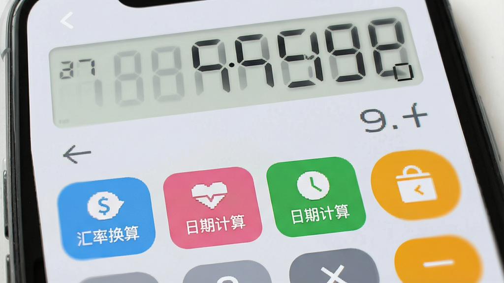 日常计算器主界面展示,手机屏幕中显示布局简洁明了的计算器功能面板,上方为数字显示区,下方排列着生活计算、汇率换算、日期计算等彩色图标按钮,整体UI风格扁平化,背景为柔和的浅灰色,画面干净,高清渲染,细节丰富,无多余元素