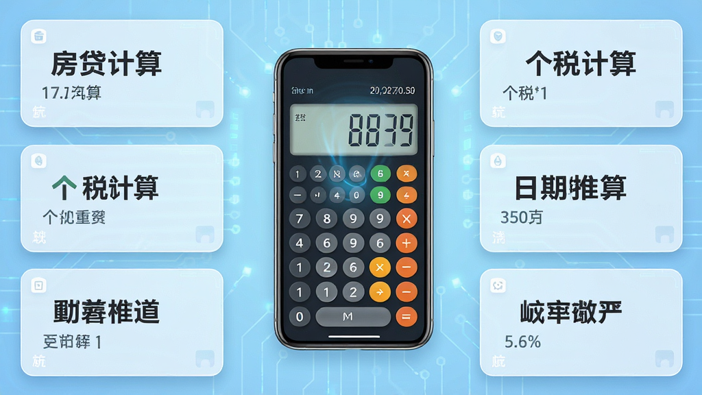 日常计算器特色功能预览图,画面以宫格形式展示房贷计算、个税计算、日期推算等模块卡片,每张卡片上标注中文功能名称,中心位置有一部正在运行计算动画的手机模型,背景采用科技感浅蓝渐变,排版整齐,细节精致,画质清晰,无多余元素