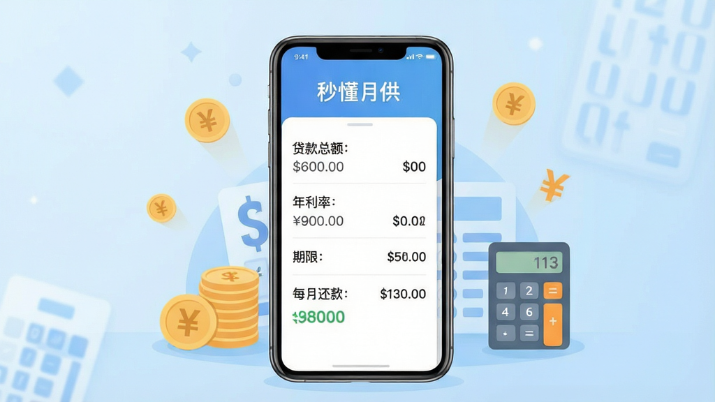 一张展示“秒懂月供”软件核心功能的宣传图,画面中央是一部智能手机,屏幕显示月供计算结果界面,包含贷款总额、年利率、期限和每月还款金额,背景为简洁的浅蓝色渐变,配以货币符号和计算器图标元素,排版以居中构图为主,风格为现代扁平化,细节清晰,画质干净,无多余元素