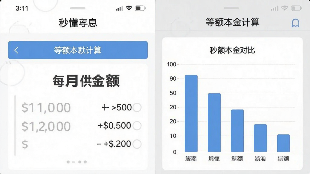 展示“秒懂月供”软件双模式对比的界面截图,左侧为等额本息计算页面,显示每期固定还款金额;右侧为等额本金计算页面,显示逐期递减的柱状图,背景为白色与浅灰色搭配,整体布局左右对称,风格简洁商务,图表线条清晰,画质干净,无多余元素