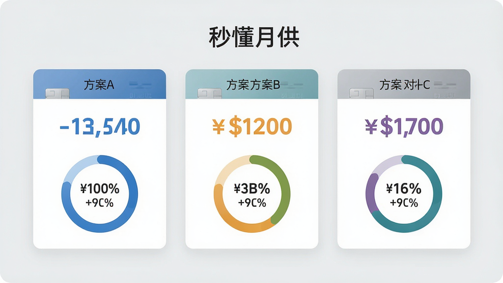 展示“秒懂月供”多方案对比功能的界面,画面中三张银行卡样式的卡片并排排列,每张卡片上方标注方案A、方案B、方案C,卡片内显示不同颜色的月供金额数字和对应的利息百分比环形图,背景为浅灰色,整体风格清爽简约,布局整齐,画质干净,无多余元素