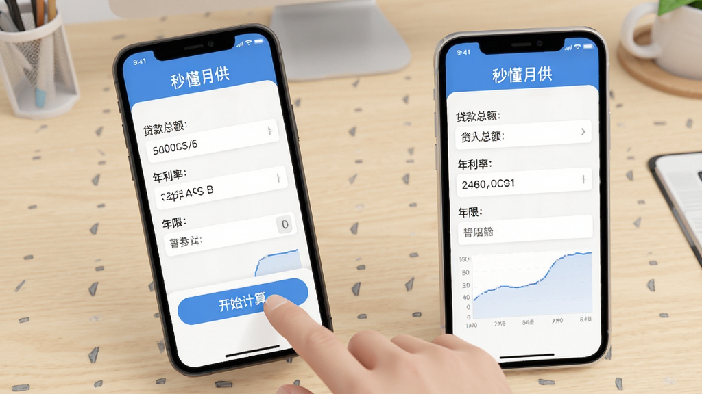 展示“秒懂月供”软件使用过程中的截图,画面中手机屏幕上显示输入贷款总额、年利率和年限的界面,手指正在点击“开始计算”按钮,背景为虚拟的浅色桌面,风格写实,细节清晰,画质干净,无多余元素