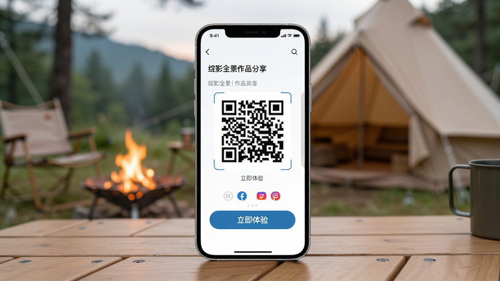 一部手机放置在桌上,屏幕显示绽影全景作品分享界面,包含一个二维码和“立即体验”按钮,手机背景是模糊的户外露营场景,画面主体为手机与分享界面,构图简洁,排版清爽,风格现代,细节展现二维码和社交图标,画质高清干净,无多余元素