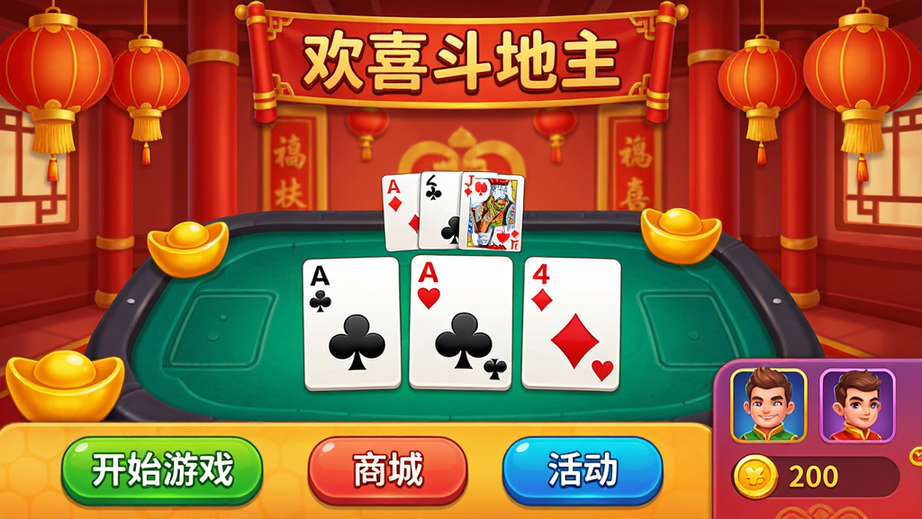 主体:一款名为“欢喜斗地主”的手机游戏主界面,画面中央是色彩鲜艳的扑克牌桌,桌上摆放着几张翻开的扑克牌,背景是喜庆的红色中式风格大厅,带有“欢喜斗地主”字样的横幅悬挂在顶部;布局:游戏界面占据画面主体,下方有“开始游戏”、“商城”、“活动”等按钮排列整齐,右侧显示玩家头像和金币数量;排版:界面元素分布均匀,层次分明,信息清晰易读;风格:卡通休闲风格,色彩明亮活泼,线条圆润流畅;细节:扑克牌上的花色和数字清晰可见,背景有灯笼、元宝等装饰元素,营造出欢乐热闹的氛围;画质:高清细腻,色彩饱和度高,画面干净无多余元素。