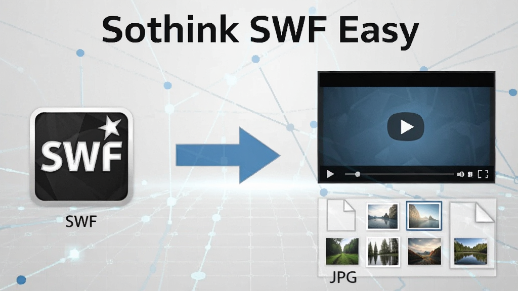 一张动态流程图,展示Sothink SWF Easy将SWF文件转换为MP4视频和JPG图片的过程,左侧是原始SWF图标,右侧是转换后的视频播放窗口和图片文件缩略图,中间有箭头连接,背景为浅灰色科技感网格,整体风格简洁专业,画面干净无多余元素,画质清晰,突出软件名称“Sothink SWF Easy”