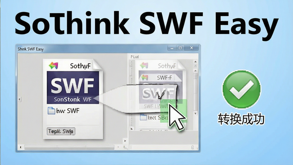 一张展示Sothink SWF Easy软件操作过程的截图,界面中一个SWF文件正在被拖拽到转换窗口,鼠标指针高亮显示,旁边有“转换成功”的绿色提示图标,整体风格清晰直观,背景为淡蓝色渐变,画面干净,突出软件名称“Sothink SWF Easy”