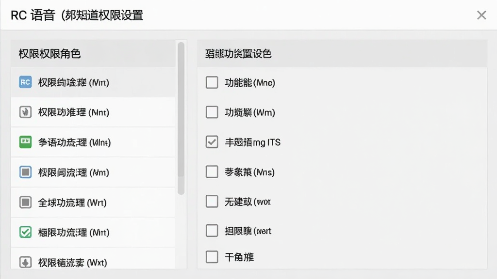 展示RC语音的频道权限设置界面,左侧为权限角色列表,右侧为功能勾选复选框,整体采用浅灰色商务风格,布局规整,文字描述清晰,界面截图风格,画质干净