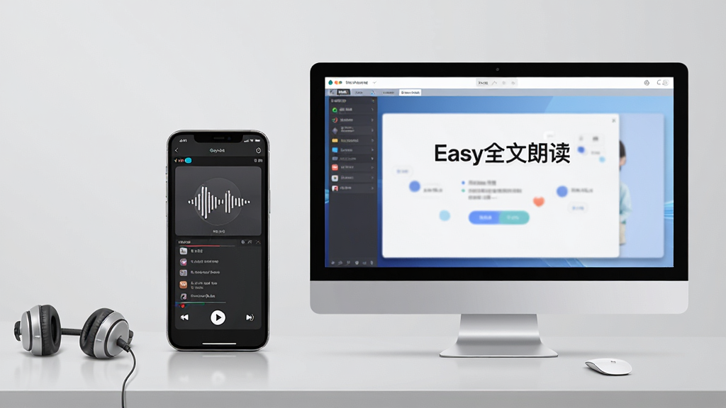 主体:一部手机和一台电脑并排摆放,手机屏幕上正在播放音频界面,电脑屏幕显示“Easy全文朗读”软件。布局:左右对称,背景为浅灰色桌面。排版:手机和电脑屏幕均显示软件界面。风格:简约现代。细节:耳机放置在一旁。画质:高清,干净,无多余元素。