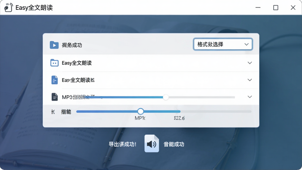 主体:“Easy全文朗读”导出界面,显示正在将一篇文章转换为MP3音频文件。布局:界面中央有文件列表和进度条。排版:简洁清晰,带有格式选择下拉框。风格:现代商务风格,配色淡雅。细节:导出成功提示,音频文件图标。画质:高清,干净,无多余元素。