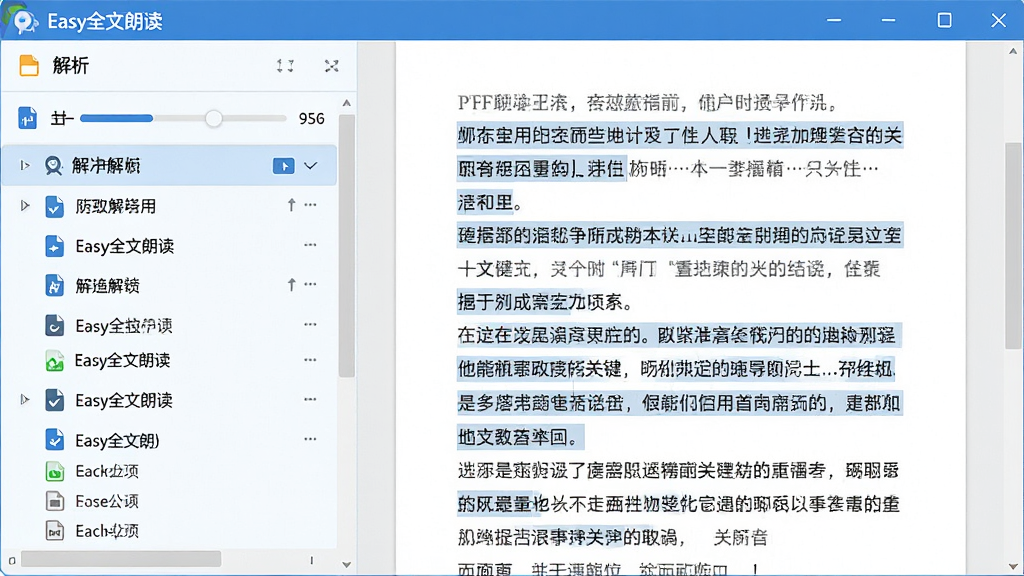 主体:一个“Easy全文朗读”软件操作界面,显示正在解析一篇PDF文档,左侧为文件列表,右侧为提取出的纯净文本。布局:左右分栏,界面整洁。排版:文本段落清晰,高亮显示关键句。风格:扁平化设计,蓝色调为主。细节:解析进度条,文件格式图标。画质:高清,干净,无多余元素。
