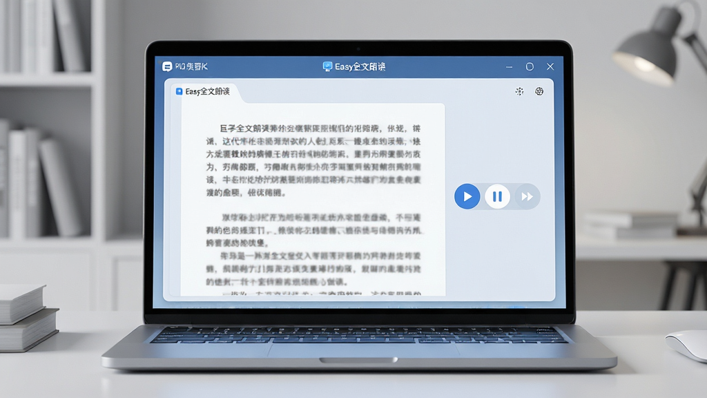 主体:一台现代笔记本电脑屏幕中显示着“Easy全文朗读”软件界面,界面中有一篇中文文章,旁边有播放、暂停、快进等控制按钮。布局:电脑居中,界面清晰可见,背景为简洁书房环境。排版:软件界面占据画面主要部分,文字内容隐约可见。风格:写实科技感,光影柔和。细节:屏幕发光,按键带有图标。画质:4K超清,干净,无多余元素。