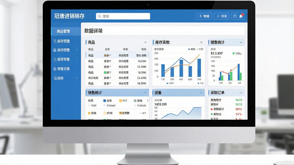 主体:电脑屏幕显示“冠唐进销存”软件主界面,界面包含商品列表、库存图表、采购订单等模块;布局:左侧功能栏,右侧数据看板;排版:清晰的功能分区,顶部有搜索框和功能按钮;风格:现代商务,扁平化设计,蓝色主色调;细节:屏幕中可见“商品管理”、“库存预警”、“销售统计”等中文标签;画质:高清,干净,无多余元素