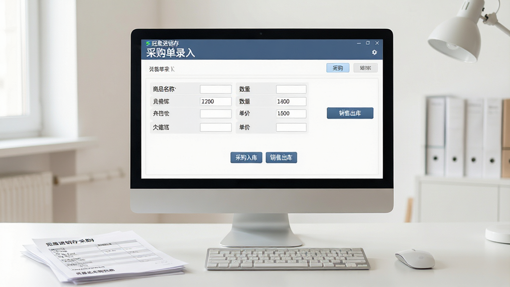 主体:办公桌上电脑运行“冠唐进销存”采购单录入界面,旁边有纸质单据;布局:电脑屏幕居中,画面简洁;排版:屏幕内容清晰可辨,显示商品名称、数量、单价字段;风格:商务办公风格,自然光,浅色背景;细节:软件界面有“采购入库”、“销售出库”按钮;画质:高清,干净,无多余元素
