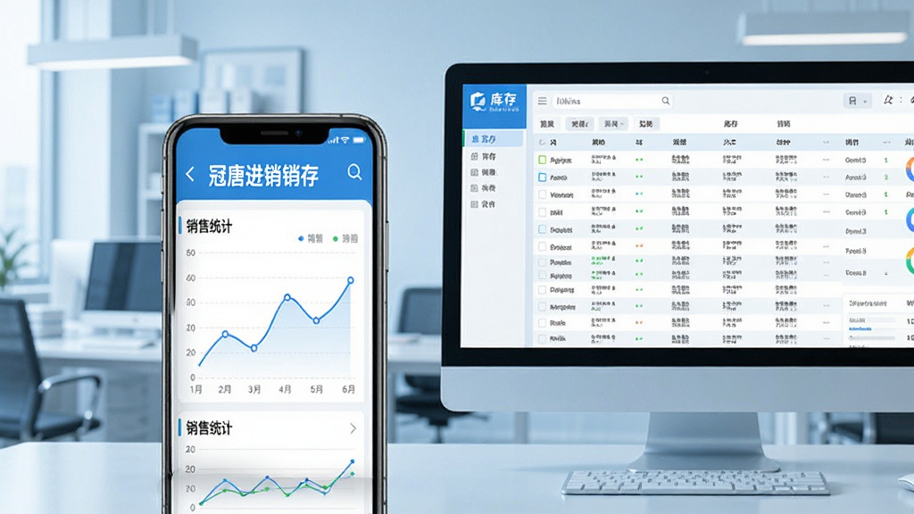 主体:手机与电脑并排,手机屏幕显示“冠唐进销存”数据图表,电脑显示库存列表;布局:左手机右电脑,背景为办公环境;排版:画面均衡,手机界面清晰可读;风格:商务科技感,浅蓝色调;细节:手机屏幕中有“销售统计”折线图;画质:高清,干净,无多余元素