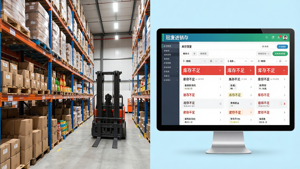 主体:仓库货架与电脑软件界面合成图,电脑显示“冠唐进销存”库存预警列表;布局:左侧是仓库实景,右侧是软件界面截图;排版:左右分屏式设计,重点突出预警商品条目;风格:写实与UI结合,色调明亮;细节:货架商品码放整齐,软件中红色字体标出“库存不足”商品;画质:高清,干净,无多余元素