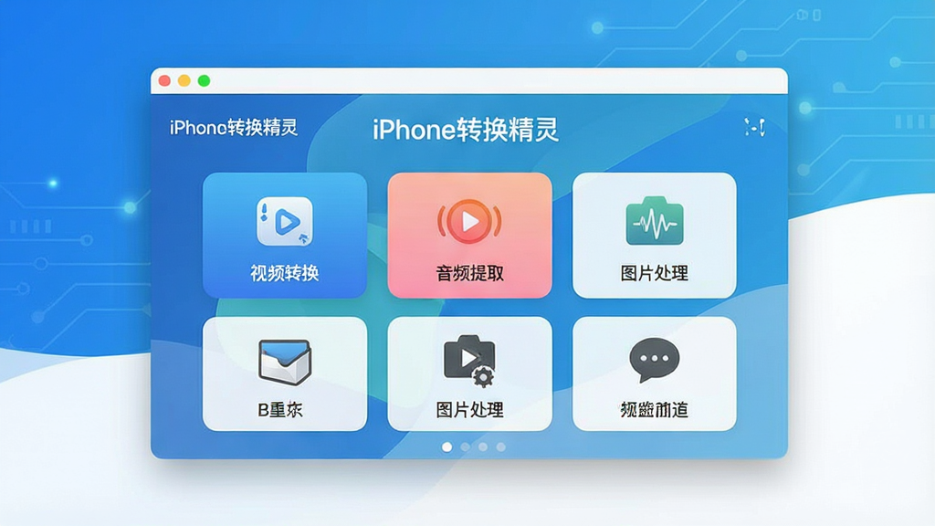 一张高清产品主视觉图,画面中央展示“iPhone转换精灵”软件主界面预览,背景采用渐变的科技蓝与白色搭配,界面图标清晰可见,包含视频转换、音频提取、图片处理等模块按钮,整体布局简洁大方,光线明亮,画质干净,无多余元素