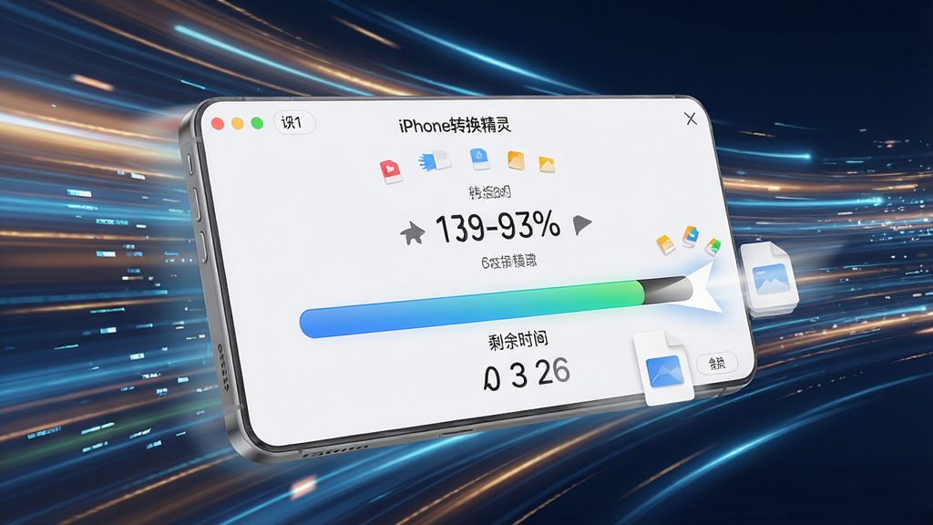 一幅动态效果图,画面显示“iPhone转换精灵”正在高速转换文件,进度条快速前进,背景有流动的光影线条,勾勒出速度感与科技感,软件界面中央显示转换百分比与剩余时间,整体色调明亮,细节丰富,画质干净,无多余元素