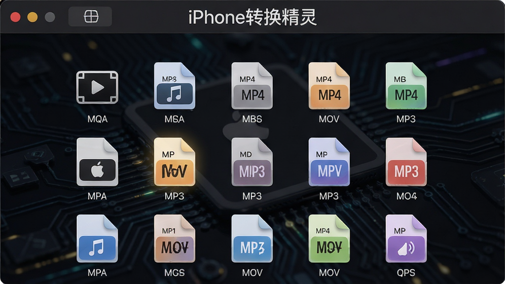 展示“iPhone转换精灵”的格式支持界面,背景为深色科技风格,软件名称出现在界面顶部,下方以图标矩阵排列多种视频、音频格式图标,每个图标下方有对应的格式名称,界面高亮突出MP4、MOV、MP3等苹果常用格式,整体布局规整,细节丰富,画质清晰,无多余元素