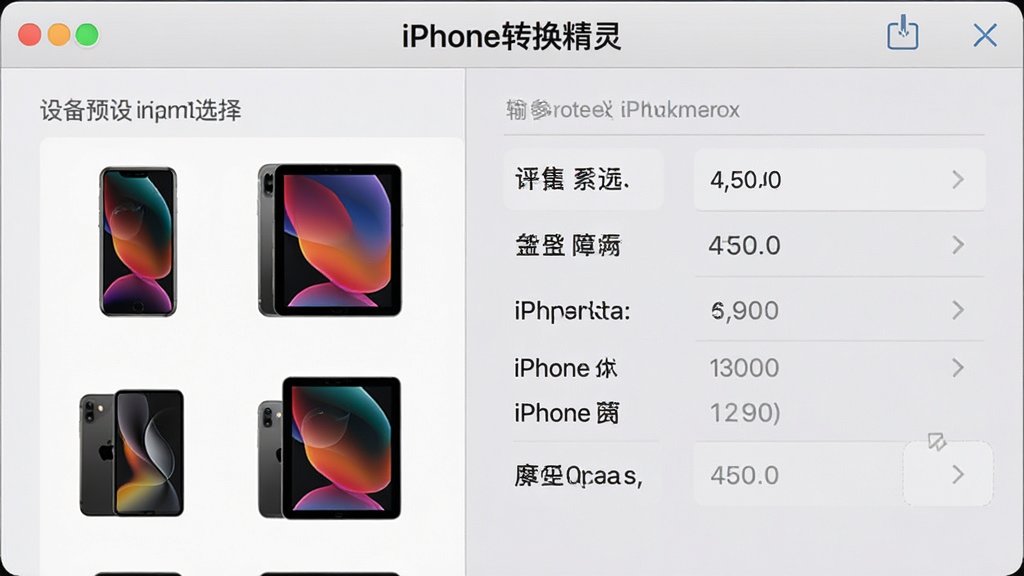 展示“iPhone转换精灵”的设备预设选择界面,界面左侧列出多款iPhone与iPad型号图标,右侧预览输出参数,背景为浅灰色,软件名称置于上方,整体风格简约商务,布局清晰,细节精致,画质干净,无多余元素