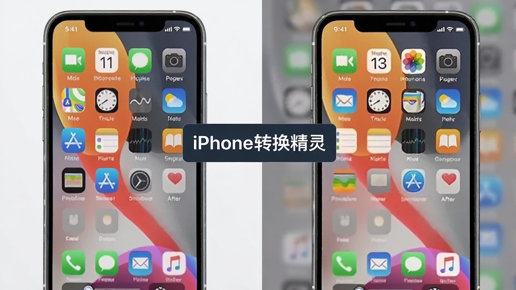 对比图展示“iPhone转换精灵”转换前后的画质细节,左侧为原始视频截图,右侧为转换后截图,两幅图在色彩、清晰度上几乎无异,背景为分割式设计,软件名称出现在中央,整体布局直观,画质细腻,无多余元素