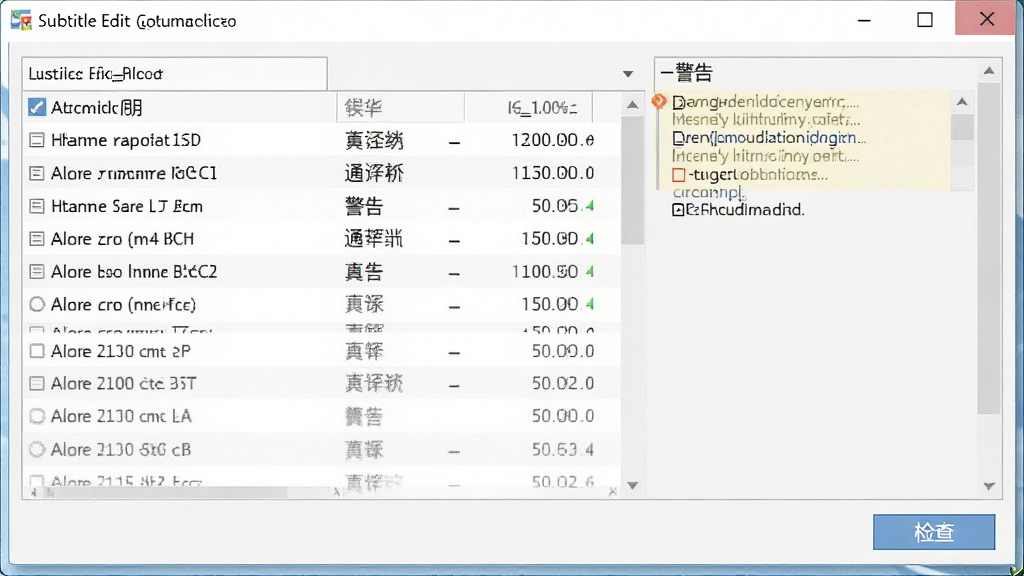 Subtitle Edit字幕检查功能界面,显示错误列表和警告信息,有“检查”按钮,界面清晰,画质干净,无多余元素