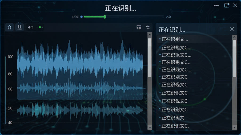 Subtitle Edit语音识别功能运行中,显示音频波形和正在生成的字幕文本列表,界面中呈现“正在识别...”状态,科技感十足,画质清晰,干净无多余元素