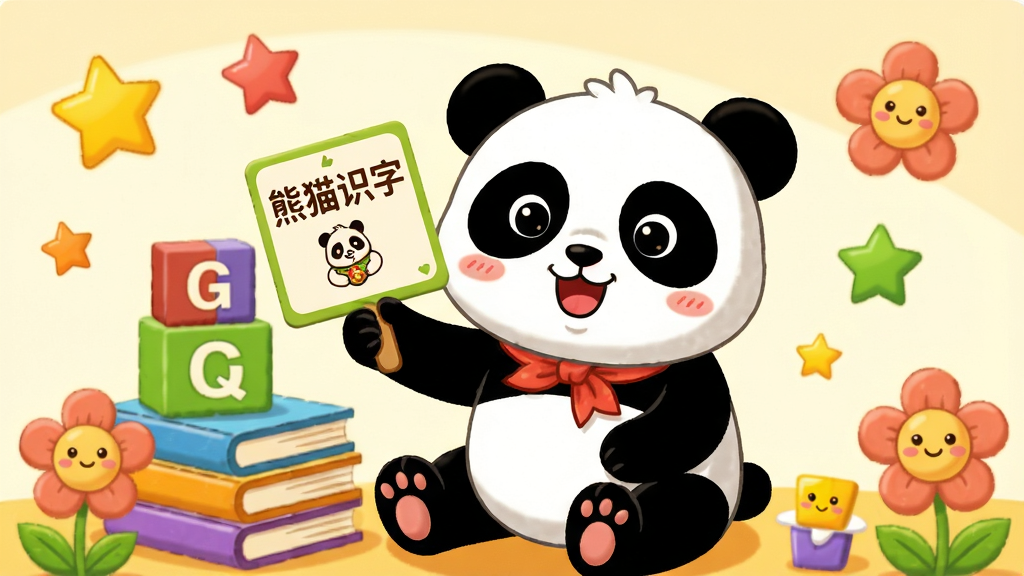 一幅温馨明亮的儿童学习场景插画,主体是一只憨态可掬的熊猫老师坐在彩色书堆旁,手中举着写有