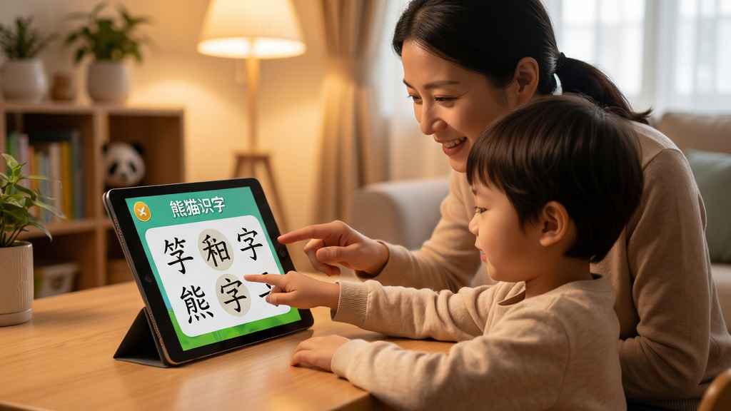 家长正在陪同孩子使用平板学习