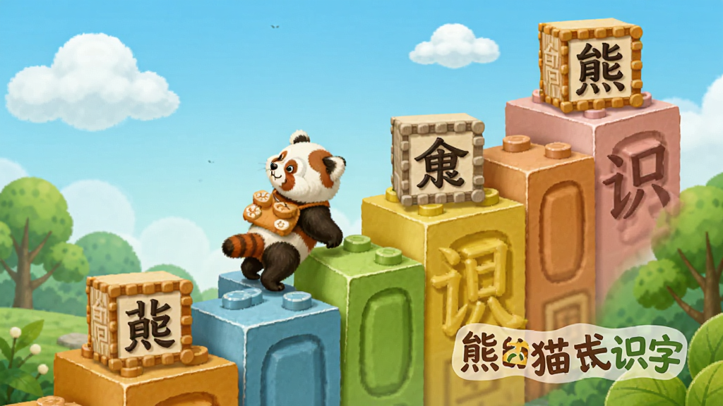 一张阶梯式成长路径图,主体是彩色阶梯上摆放着写有不同汉字的积木块,一只小熊猫正沿着阶梯向上攀登,背景为蓝天白云和绿树。布局采用从左下到右上的动势构图,插画风格,色彩清新,细节精致,画面干净,可看到