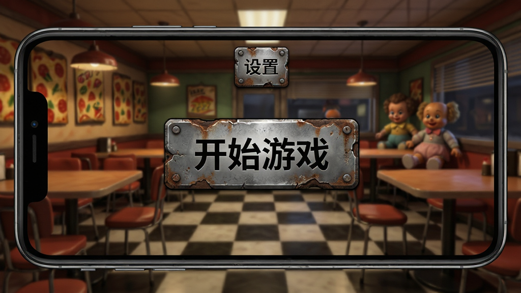 主体:手机横屏显示游戏主菜单界面,菜单按钮为破损的金属质感;布局:中央是“开始游戏”按钮,顶部有“设置”图标,背景是披萨餐厅全景;排版:界面简洁,按钮醒目;风格:恐怖漫画与写实结合;细节:按钮边缘有锈迹,背景中玩偶若隐若现;画质:清晰,干净,无多余元素