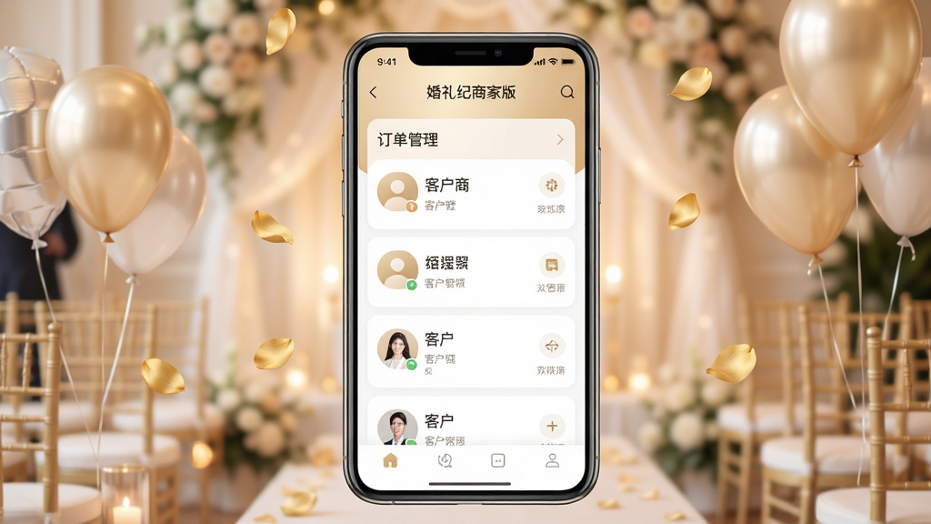 主体:婚礼纪商家版APP界面展示,背景为温馨浪漫的婚礼现场布置。布局:手机屏幕居中,屏幕内显示订单管理列表与客户头像,背景虚化处理突出主体。排版:手机竖屏展示,周围点缀金色花瓣与气球元素。风格:清新唯美,商业科技感结合。细节:屏幕中清晰显示“婚礼纪商家版”字样,界面图标圆润,色彩以香槟金与白色为主。画质:4K高清,干净,无多余元素。