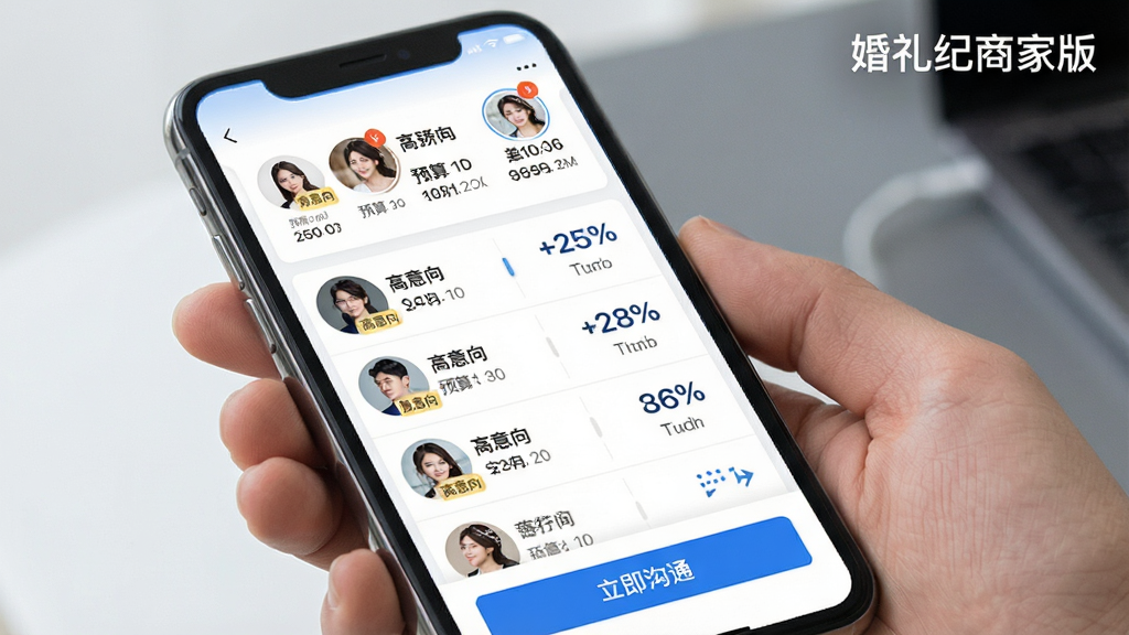 主体:手机屏幕展示婚礼纪商家版智能推荐页面,上方显示多个新人头像与预算信息。布局:左侧为头像列表,右侧为匹配度百分比数值。排版:简洁列表式布局,底部有“立即沟通”按钮。风格:现代商务,蓝白主色调。细节:屏幕右上角有“婚礼纪商家版”字样,头像旁标注“高意向”标签。画质:锐利清晰,干净,无多余元素。