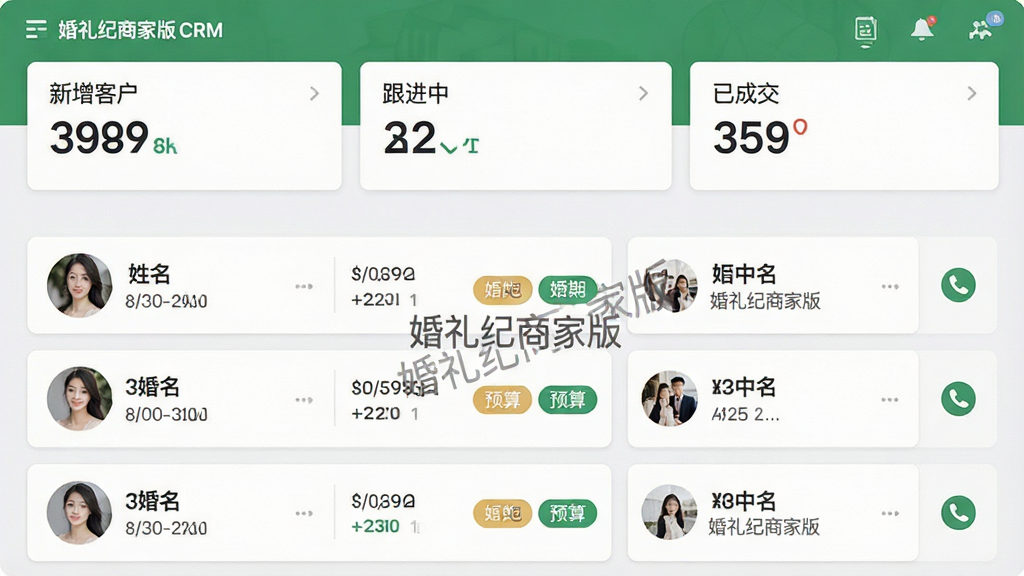 主体:婚礼纪商家版CRM客户管理界面截屏。布局:顶部为统计仪表盘,显示新增客户、跟进中、已成交数据,下方为客户列表。排版:卡片式布局,客户卡片有姓名、婚期、预算标签。风格:简约清晰,绿色与灰色搭配。细节:卡片上有“婚礼纪商家版”水印文字,列表右侧有电话图标。画质:高分辨率,干净,无多余元素。