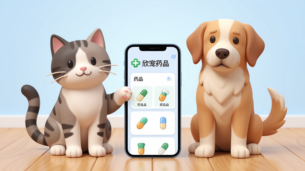 主体为一只可爱的猫咪和一只狗狗并排坐在干净的木地板上,中间放着一部打开欣宠药品应用的智能手机,屏幕显示药品列表界面和绿色十字标志。布局采用平视正前方视角,主体居中,背景为柔和的浅蓝色渐变,营造宁静专业的氛围。排版上,手机屏幕清晰展示“欣宠药品”字样和几种药品胶囊图标,字体清晰易读。风格为现代扁平化结合轻微3D质感,细节包括猫咪爪子搭在手机边缘,狗狗尾巴微微翘起,整体画面干净明亮,画质高清,无多余元素。