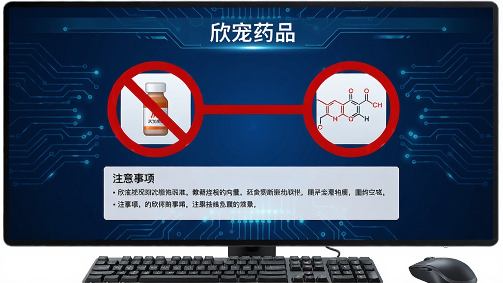 画面为电脑屏幕展示欣宠药品的交互查询界面,界面中两种药品图标之间用红色禁止符号连接,下方列出注意事项文字。背景为深蓝色科技感电路板纹理,主体屏幕居中偏上,屏幕下方有键盘和鼠标的局部。布局强调对比,红色警示符号在蓝色背景中突出。风格为现代科技感,细节包括屏幕上的“欣宠药品”字样和药品化学结构简图,画质通透,干净无多余元素。