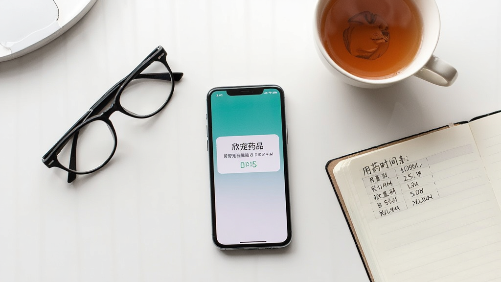 画面主体为一张整洁的白色桌面,桌面上放着一部手机和一副眼镜,手机屏幕显示欣宠药品的用药提醒通知。旁边有一杯热茶和一本打开的笔记本,笔记本上写着用药时间表。布局为俯拍视角,手机位于画面中央,周围物品错落有致。风格为生活化摄影风格,光线自然温暖,细节包括屏幕上的“欣宠药品”和提醒时间,画质真实,干净无多余元素。